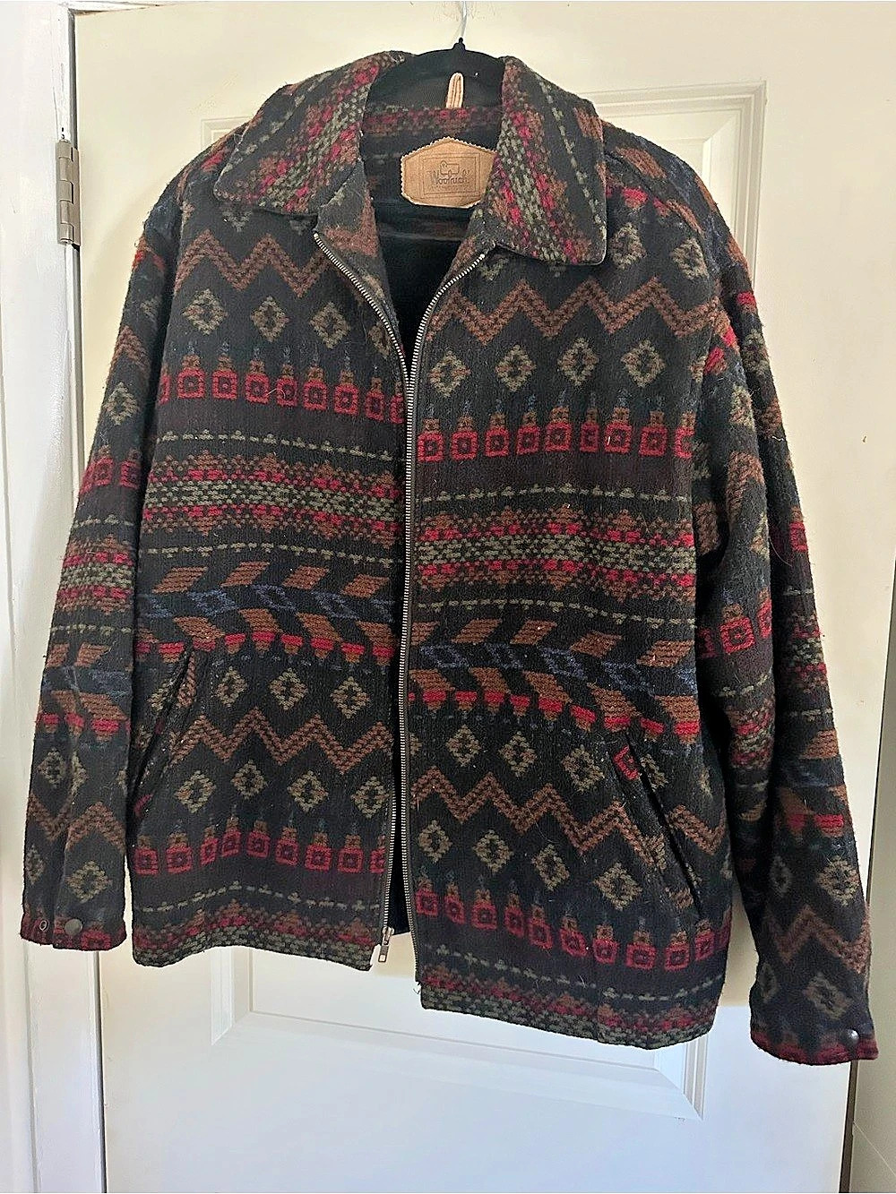 Vintage Woolrich Men's Geometric Wool Bomber Jacket Black & Red Size Large